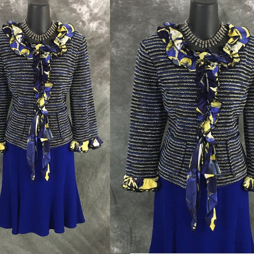 BEAUTIFUL st john collection knit blue multi jacket skirt suit size 8 10